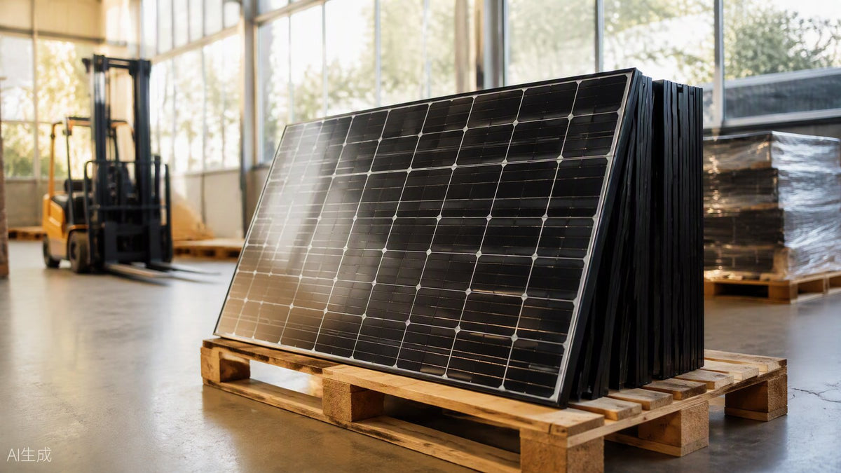 Stacked solar panels on wooden pallets in a warehouse with forklift in background