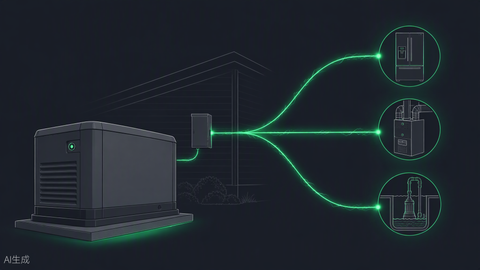 Generator sizing calculator hero — dark technical illustration, Portlandia Electric Supply