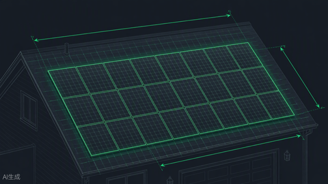 Solar panel sizing calculator hero — rooftop array with dimension lines, Portlandia Electric Supply