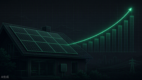 Solar payback calculator hero — rooftop array with ascending savings curve, Portlandia Electric Supply