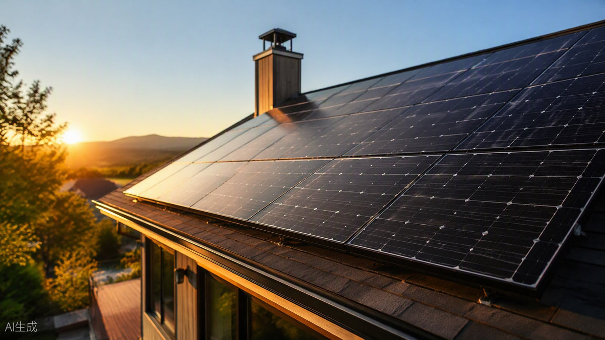 High-efficiency monocrystalline solar panels on a residential rooftop at golden hour