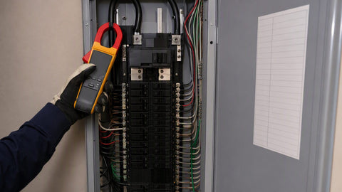 Residential main service panel with digital load meter and labeled circuit directory