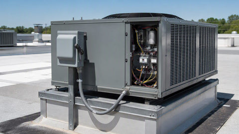 Rooftop air-conditioning condenser unit with electrical disconnect and conduit whip