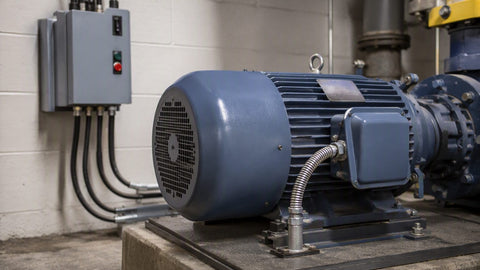 Industrial electric motor with motor starter and nameplate in a mechanical room