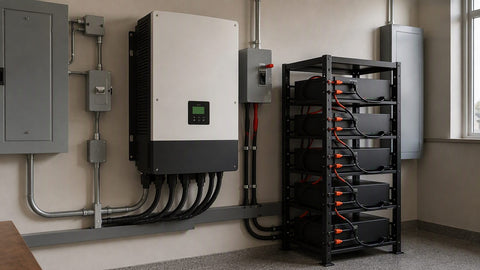 Off-grid hybrid inverter with battery rack and conduit runs in a utility room