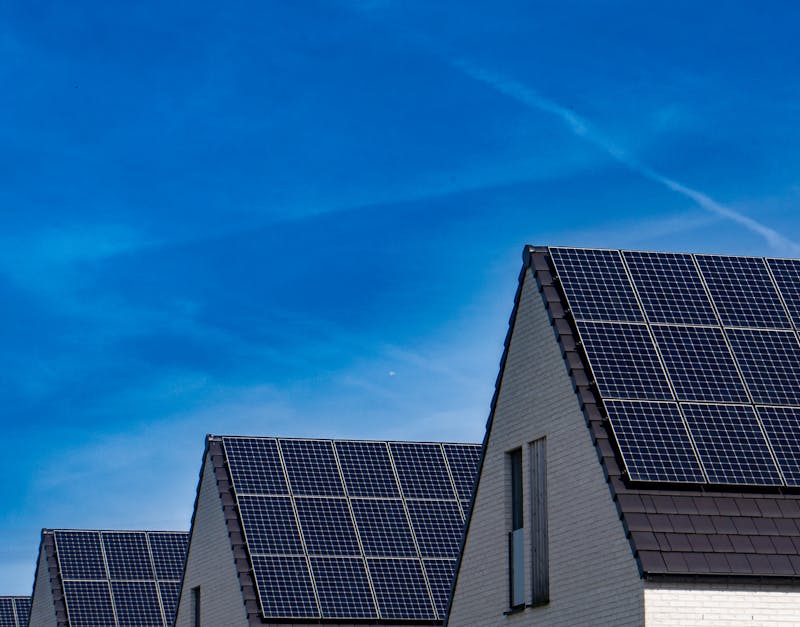 Modern homes with rooftop solar panels under a clear blue sky