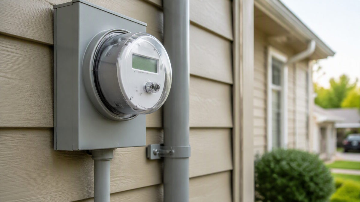 Residential electric meter on an exterior wall beside the service entrance conduit of a suburban home