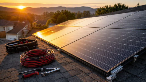 Residential rooftop solar installation at golden hour with installer tools nearby