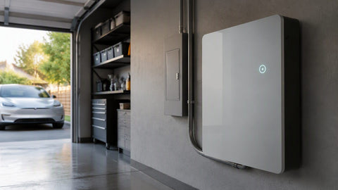 Home battery storage wall unit in a garage powering household circuits