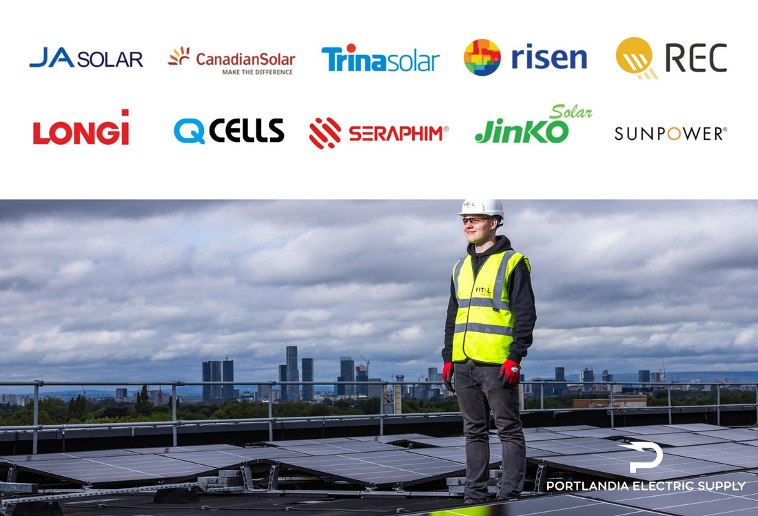 A collection of top solar panel brands' logos above an image of a solar technician standing on a rooftop with solar panels, wearing a high-visibility vest and hard hat. The city skyline and cloudy sky serve as the background.