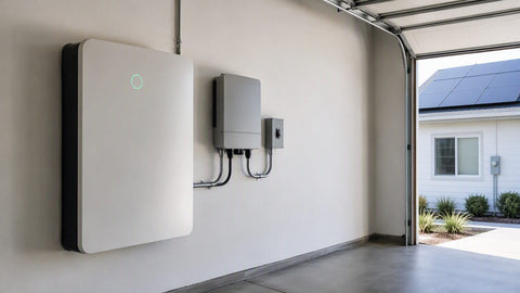 Home battery storage unit wall-mounted in a garage charging from rooftop solar with hybrid inverter