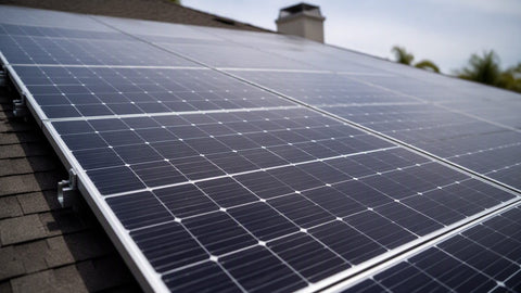 Row of residential rooftop solar panels in soft daylight, close-up on glass cells