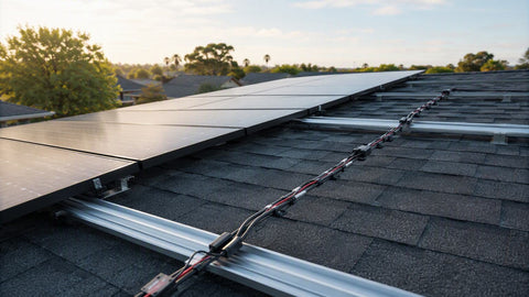 Residential rooftop solar array with series-string wiring and aluminum racking