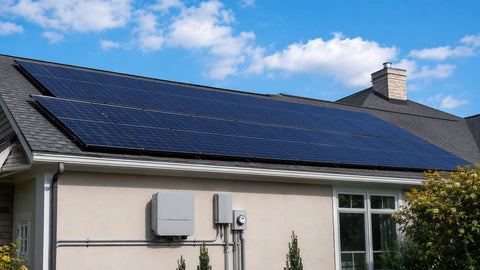 Full residential rooftop solar array with inverter and meter on exterior wall