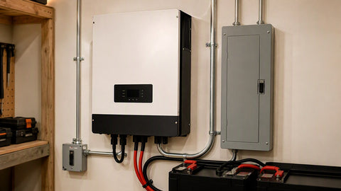 Wall-mounted hybrid solar inverter in a tidy residential utility room with metal conduit, red and black battery cables and a subpanel