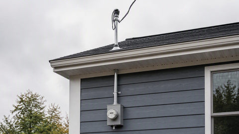 Service entrance mast and meter base on a residential exterior wall