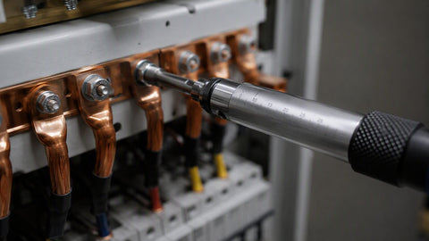 Torque screwdriver tightening a terminal lug on a copper conductor in a panel