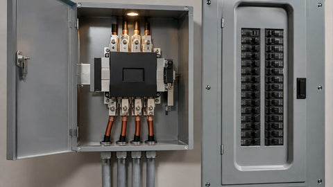 Automatic transfer switch with thick copper conductors next to breaker panel