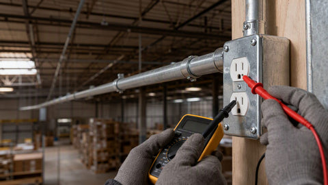 Long run of copper conductors in conduit with multimeter measuring voltage on site