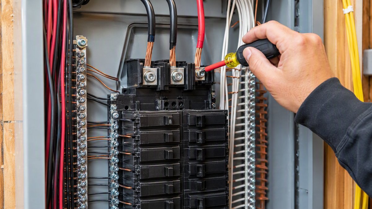 Open residential breaker panel with 240V double-pole breakers and copper feeders of different gauges