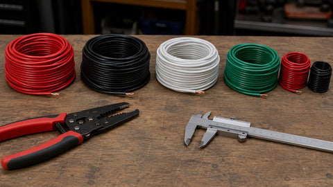 Assorted THHN copper wire gauges in colored insulation laid out on a workbench