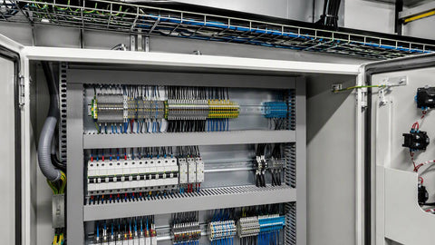 Slotted wire duct and cable tray with organized conductors in a control panel