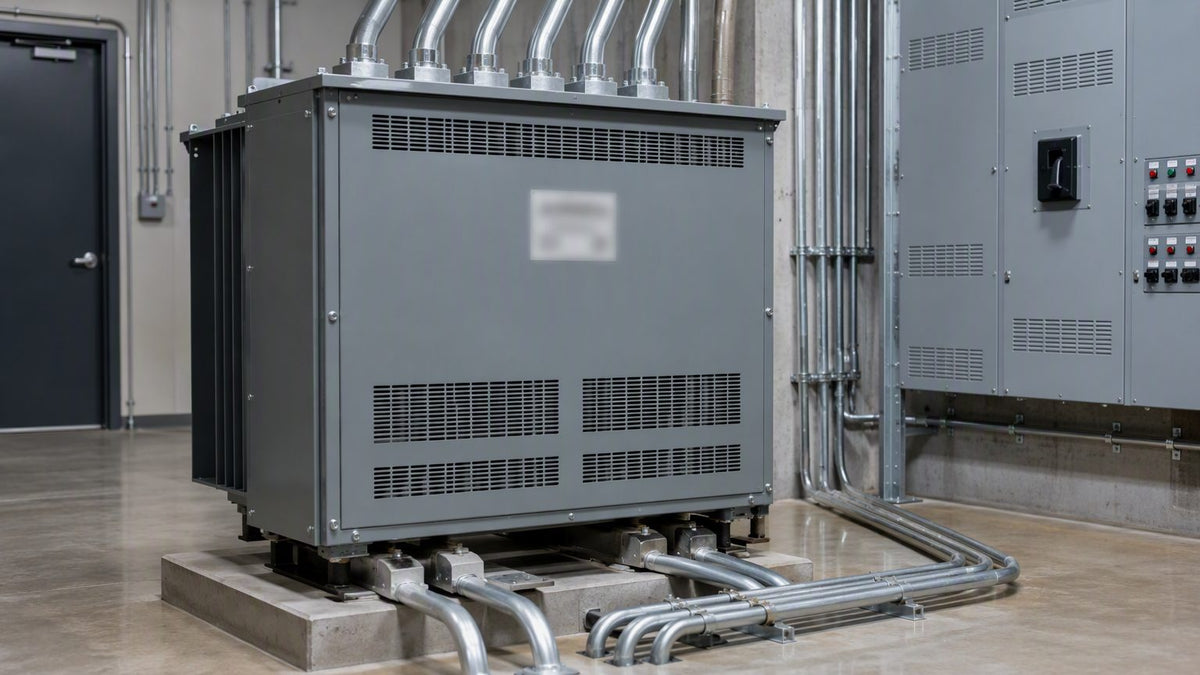 Transformador electrico tipo seco con conexiones de conduit en cuarto electrico comercial