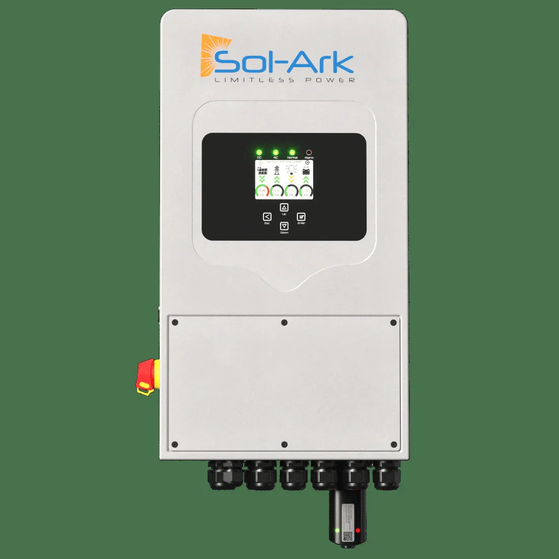 Sol-Ark 5K 1P N solar inverter front view with display and connectors