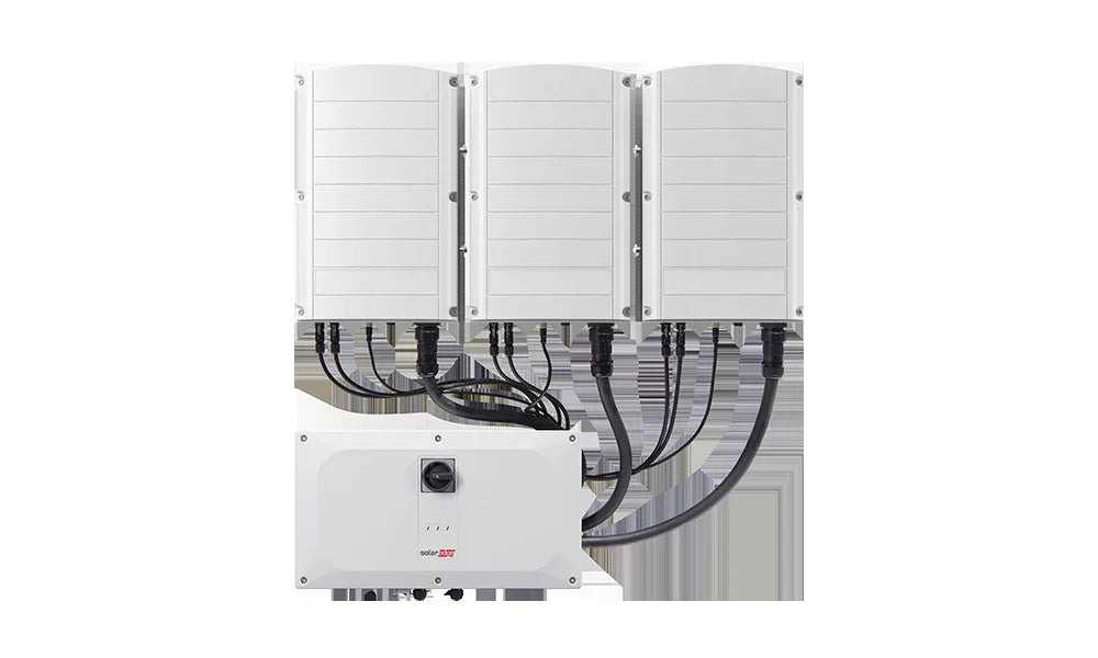 SolarEdge SE100K-US08IBNW4 commercial solar inverter front view with cables connected