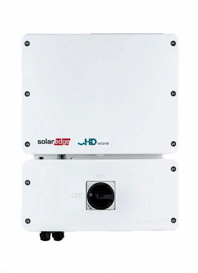 SolarEdge HD-Wave inverter SE7600H front view, white box with on/off switch