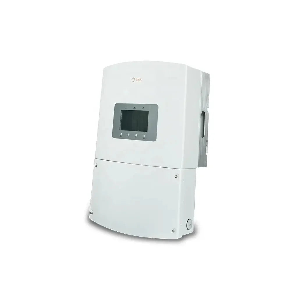 Solis RHI-1P6K-HVES-5G solar inverter front view, white casing and digital display