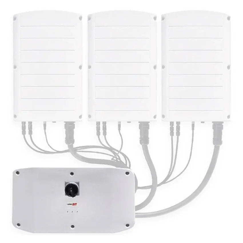 SolarEdge SE-100K-US08 inverter front view with connection cables, white background