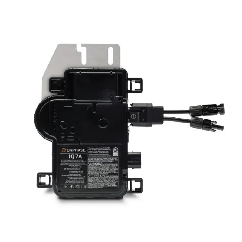 Enphase IQ7A microinverter front view with connectors, black casing on white background