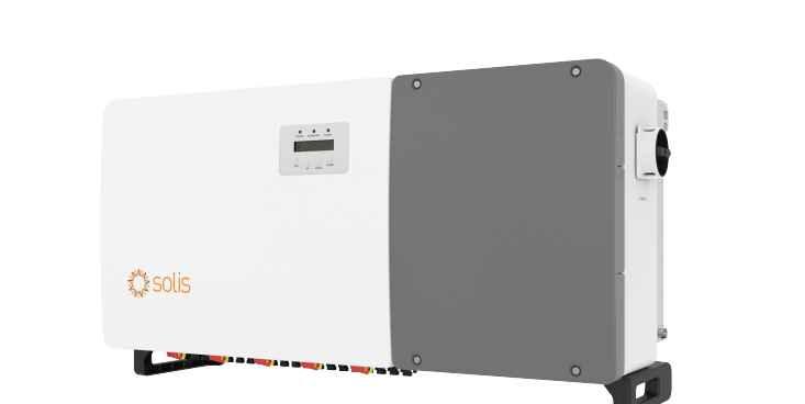 Solis S5 GC100K-US RSS inverter front view, white and gray panel with digital display