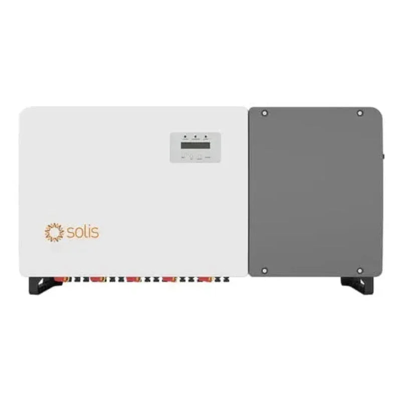 Solis S5 GC75K-US solar inverter front view with LCD display and branding.