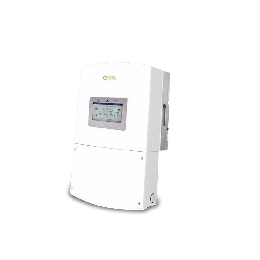 Solis RHI-1P10K-HVES-5G white solar inverter with digital display, front view