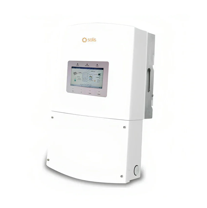 Solis RHI 7.6K 5G solar inverter front view with display panel, white casing