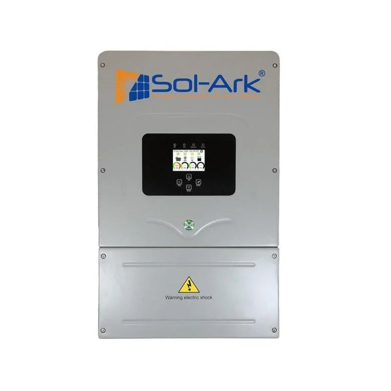 Sol-Ark 8K inverter front view with touchscreen display and electric shock warning label
