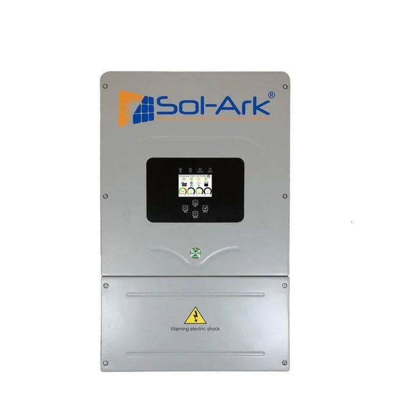 Sol-Ark 8K solar inverter front view with digital display and electric shock warning label