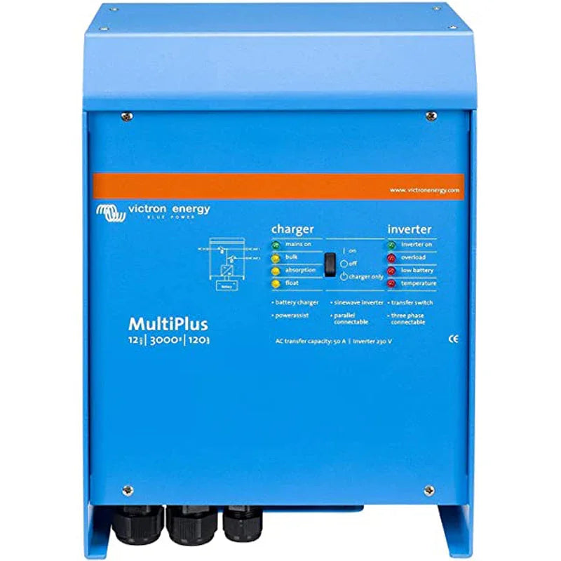 Victron Energy MultiPlus inverter charger front view, blue casing, labeled controls, model PIN123020100