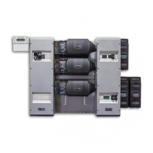 Outback Power FP3 VFXR3048E inverter system with control panel and three black modules