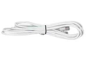 Coiled white Pytes communication cable with RJ45 connectors on a white background