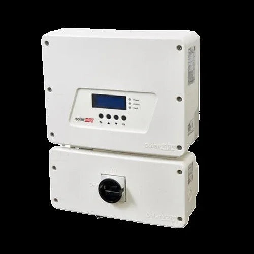 SolarEdge SE7600H-US inverter front view, white casing, digital display, control buttons
