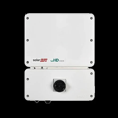 SolarEdge SE7600H HD-Wave inverter front view, white casing, single black dial, on black background