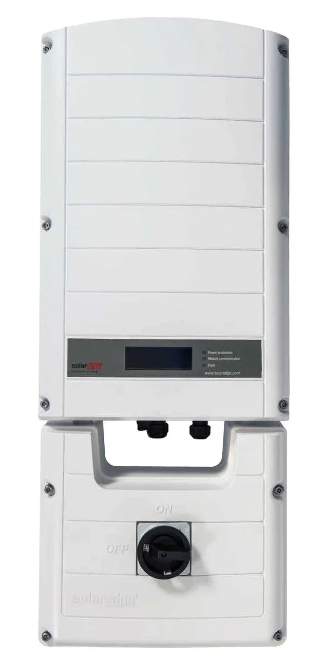 Front view of SolarEdge SE7600A-USS2RNCB2 solar inverter with control switch
