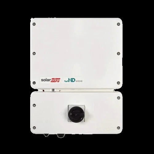 SolarEdge SE7600H HD-Wave inverter front view, white enclosure, black rotary switch