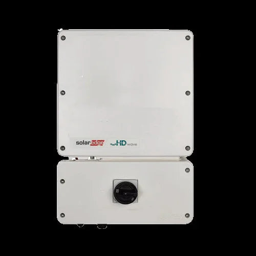 SolarEdge SE10000H-US inverter front view, white enclosure with HD-Wave logo, wall-mounted