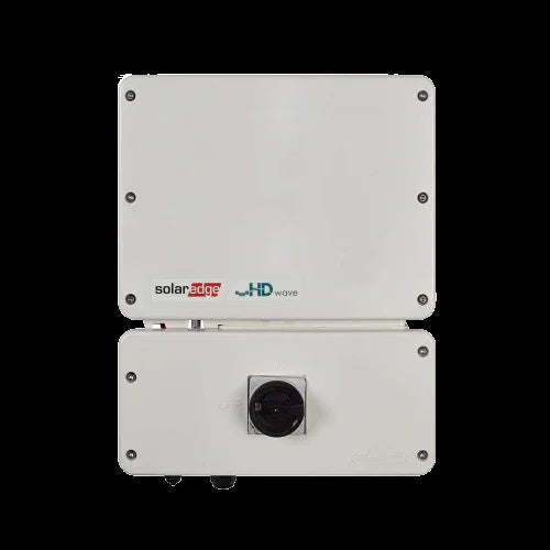 Front view of SolarEdge SE6000H HD-Wave solar inverter with control knob, white casing