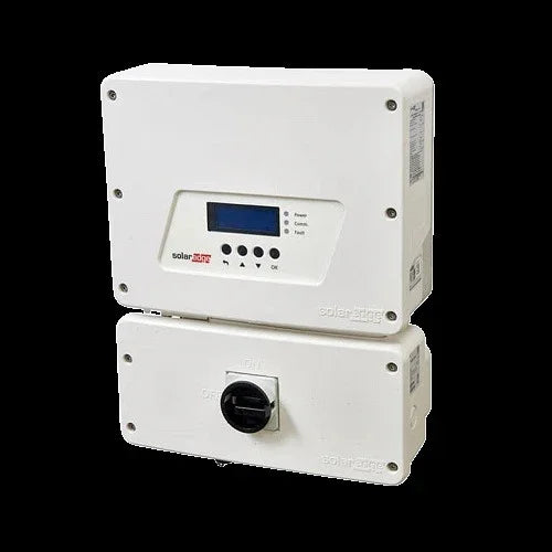 SolarEdge SE7600H-US white solar inverter with LCD display and control knob on black background