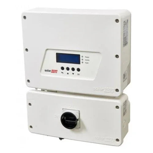 SolarEdge SE3000H-US inverter with LCD screen and control buttons, white enclosure